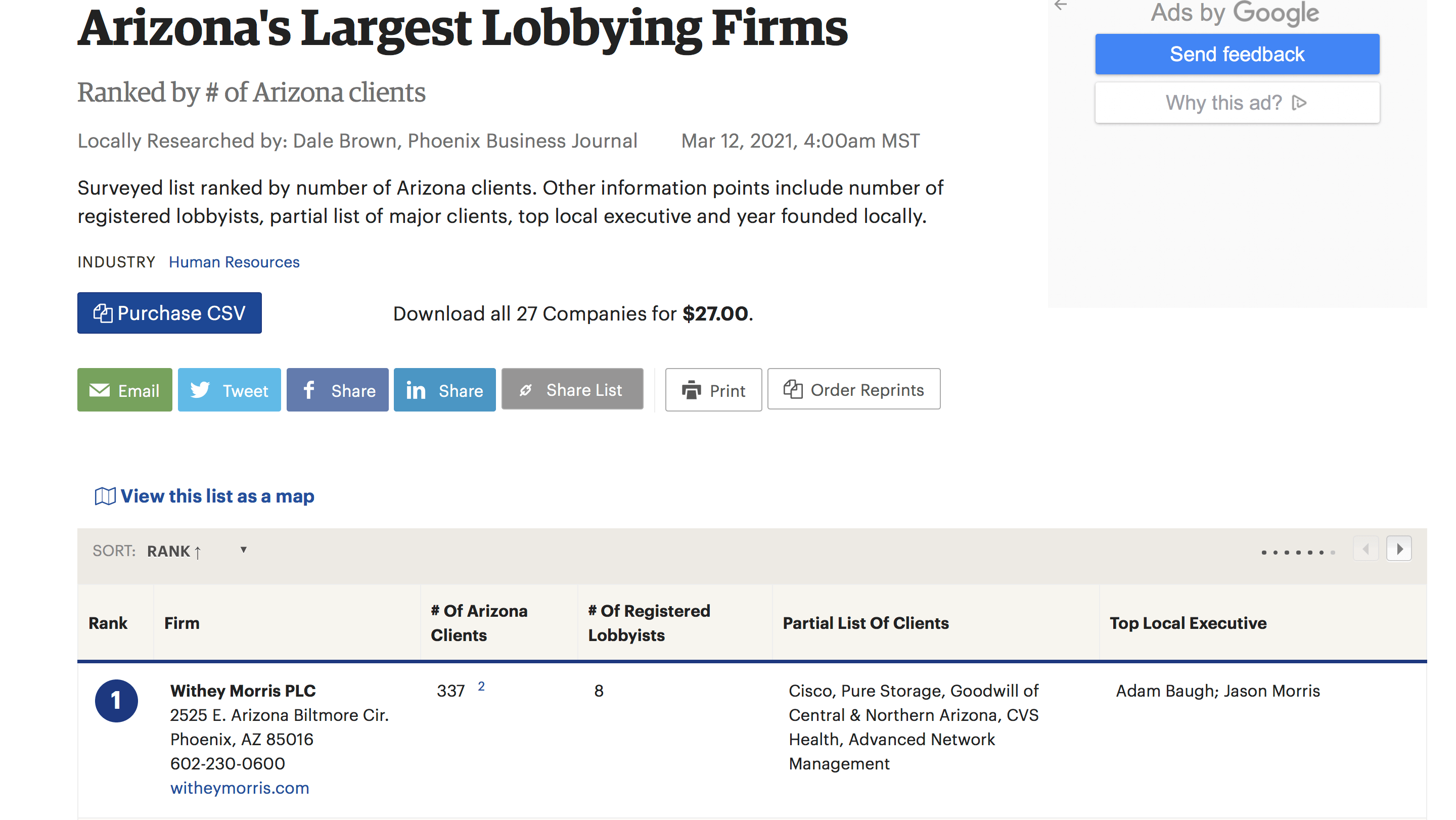 Withey Morris Named Arizona’s Largest Lobbying Firm